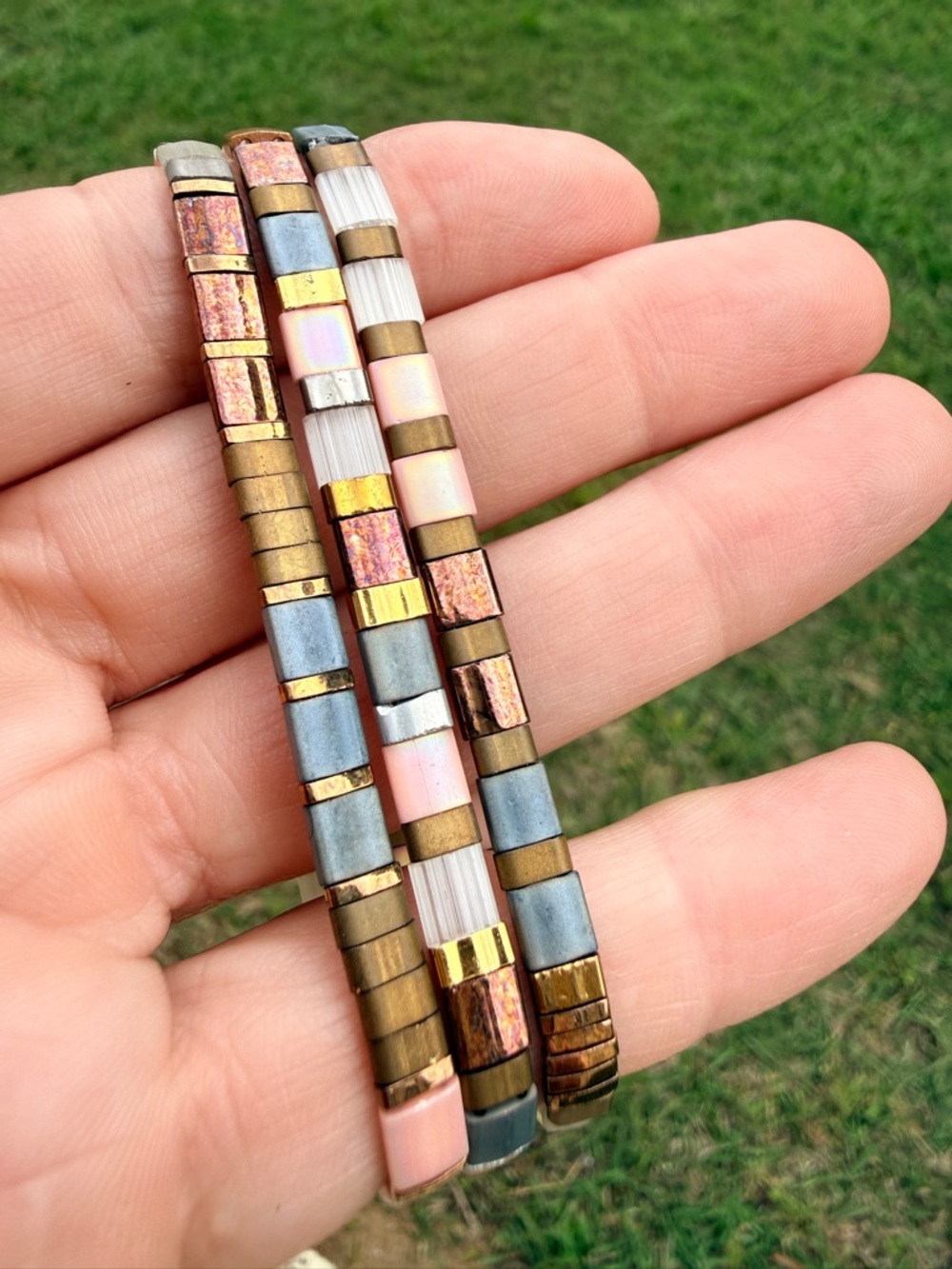 Handmade Pink and Metallic Bead Stretch Bracelet Set